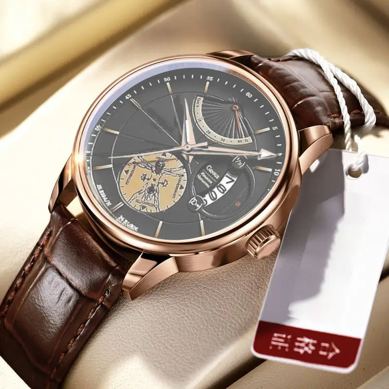 Men's Luxurious Rose Gold Wristwatch with Skeleton Dial