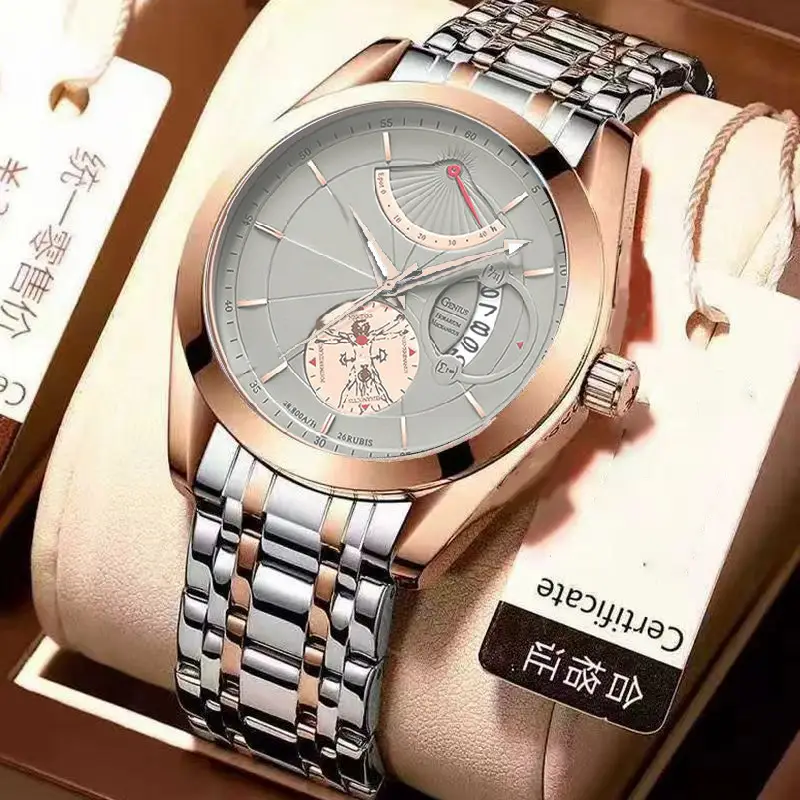 Men's Luxurious Rose Gold Wristwatch with Skeleton Dial