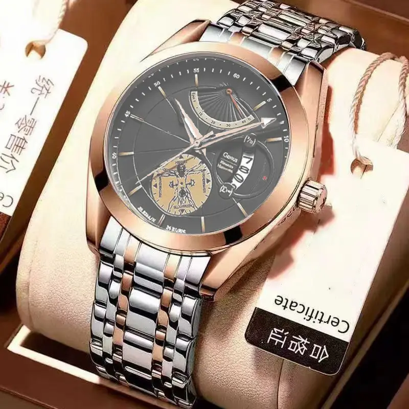Men's Luxurious Rose Gold Wristwatch with Skeleton Dial