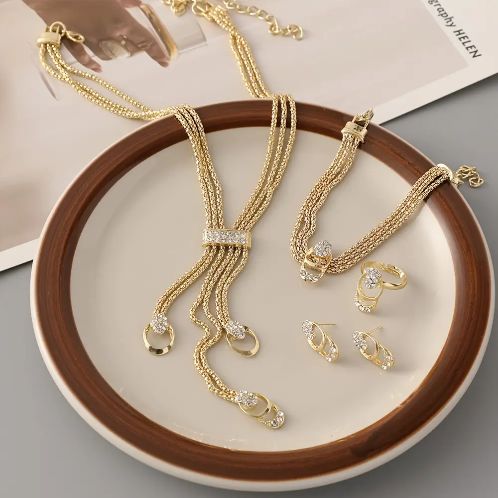 Gold Plated European Necklace Set with Diamond Earrings