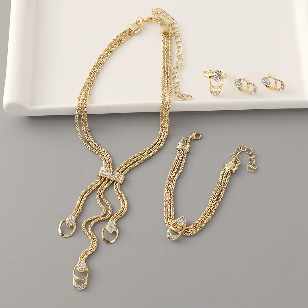 Gold Plated European Necklace Set with Diamond Earrings