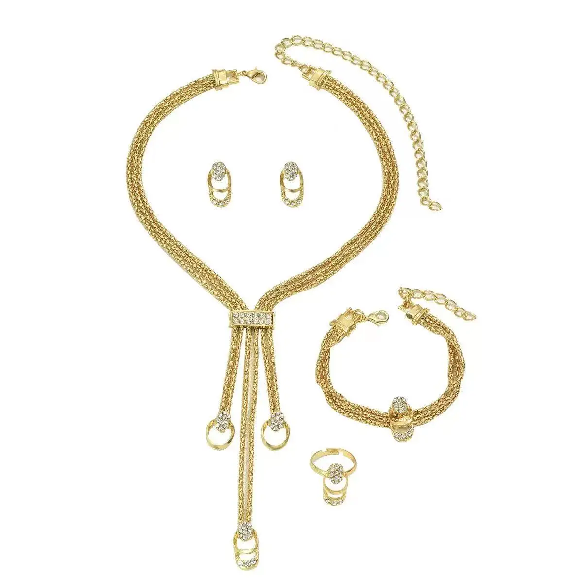 Gold Plated European Necklace Set with Diamond Earrings