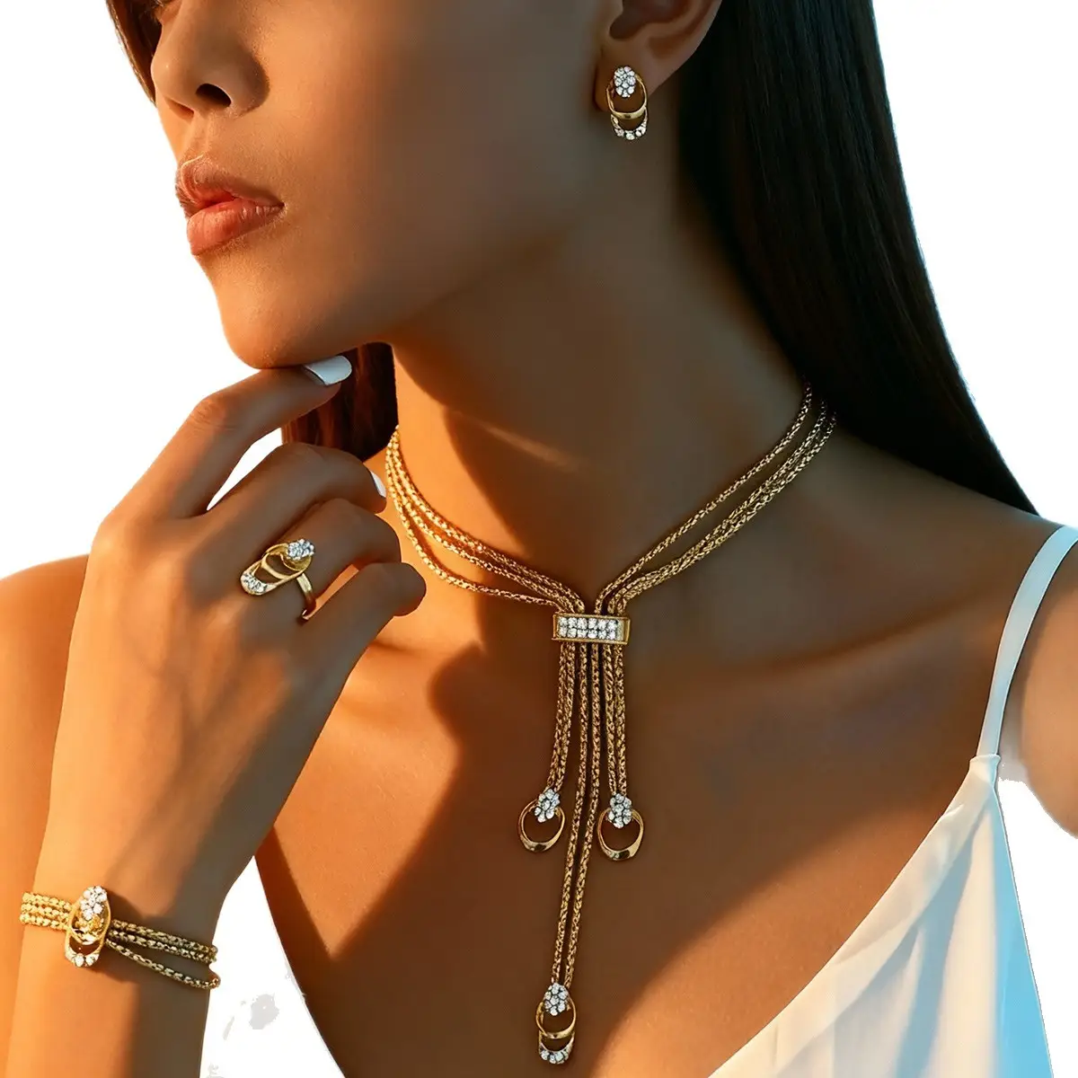 Gold Plated European Necklace Set with Diamond Earrings