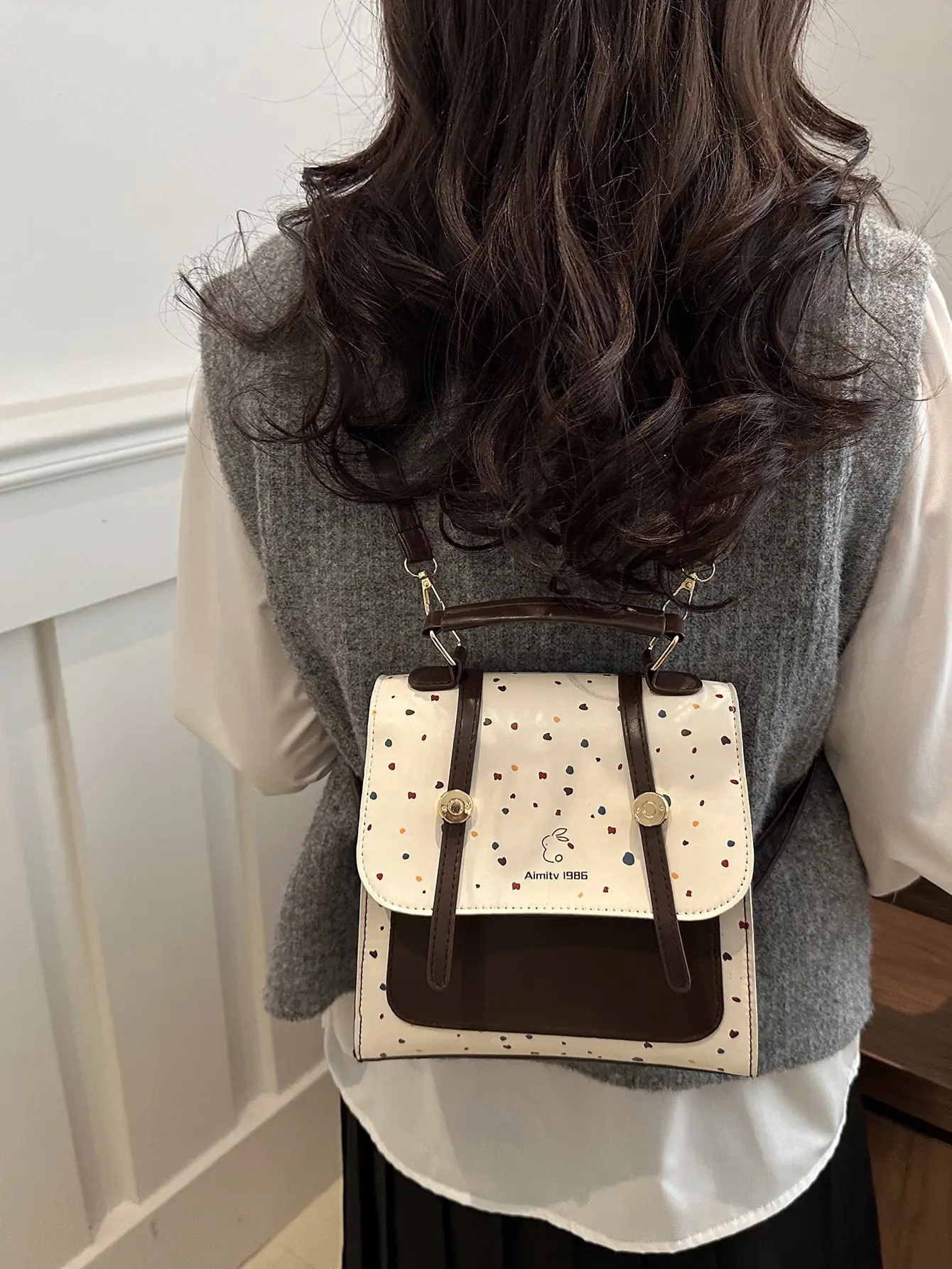 Women's Vintage Dot Backpack One Shoulder Wave Print - Image 5