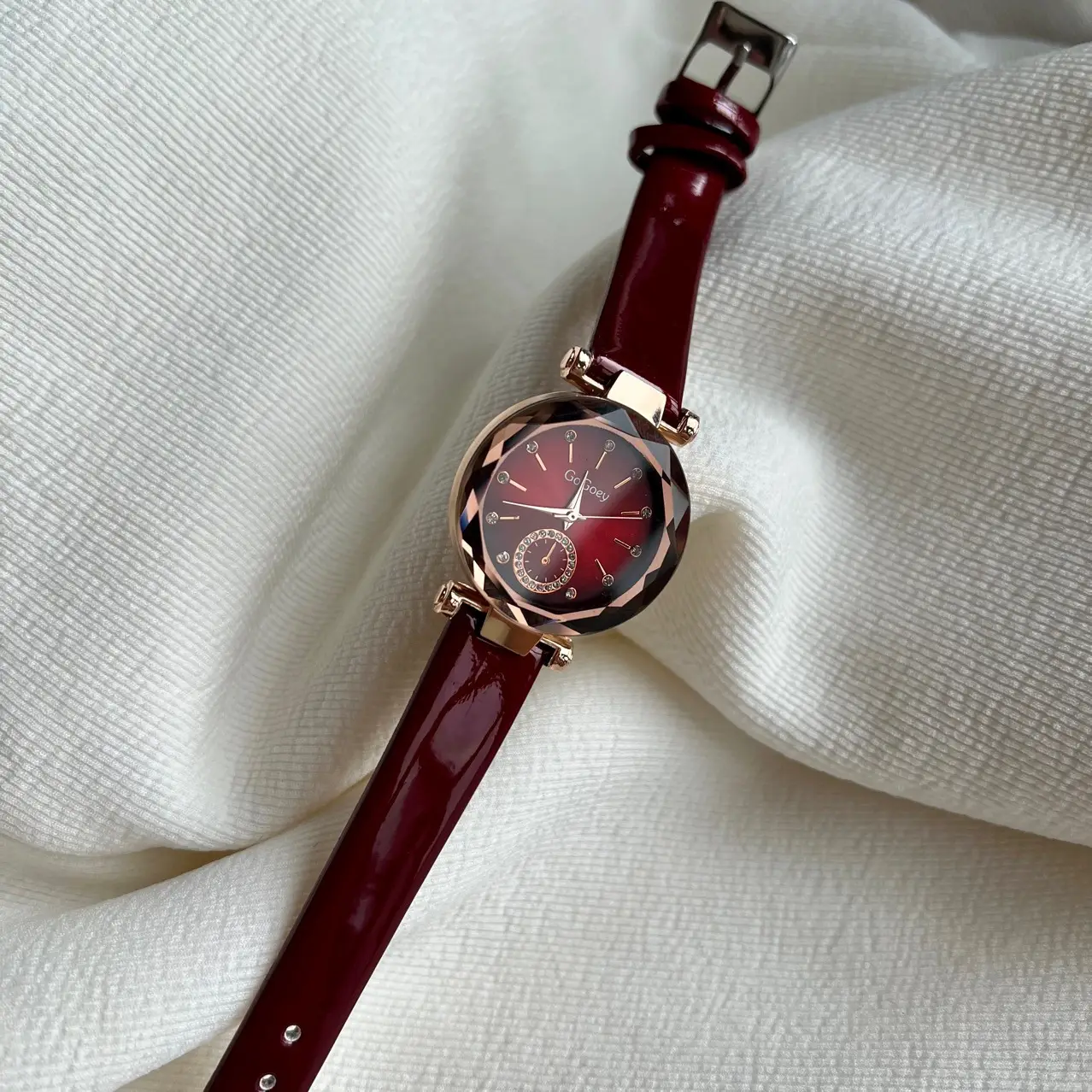 Women's Korean Rhinestone Quartz Watch Red Leather Belt