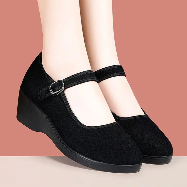 Women's Black Wedge Sandals with Buckle Strap - Image 2