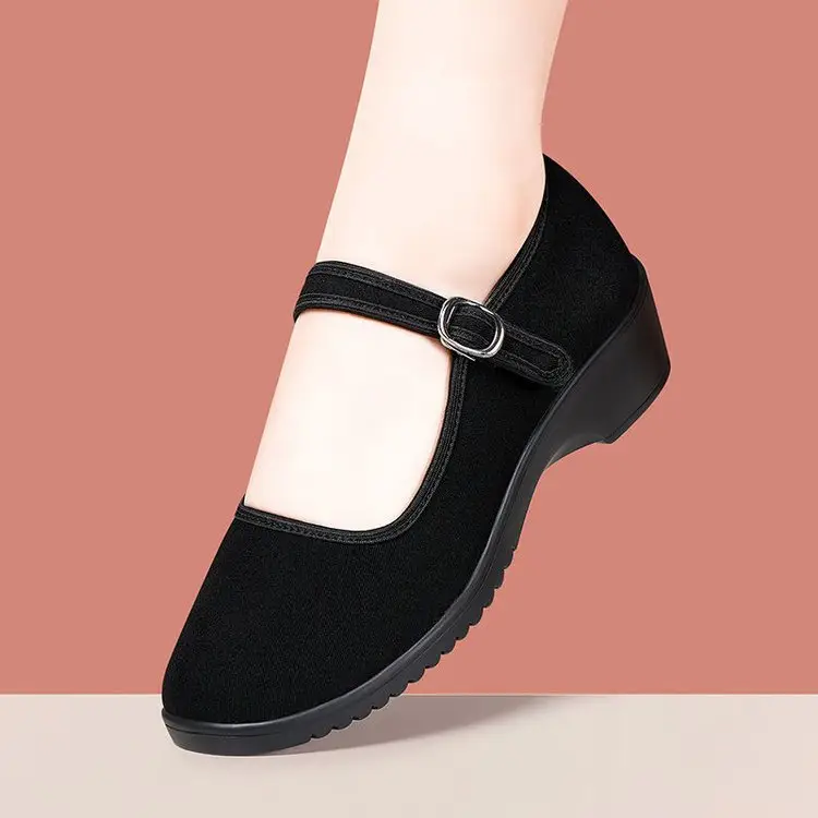 Women's Black Wedge Sandals with Buckle Strap - Image 4