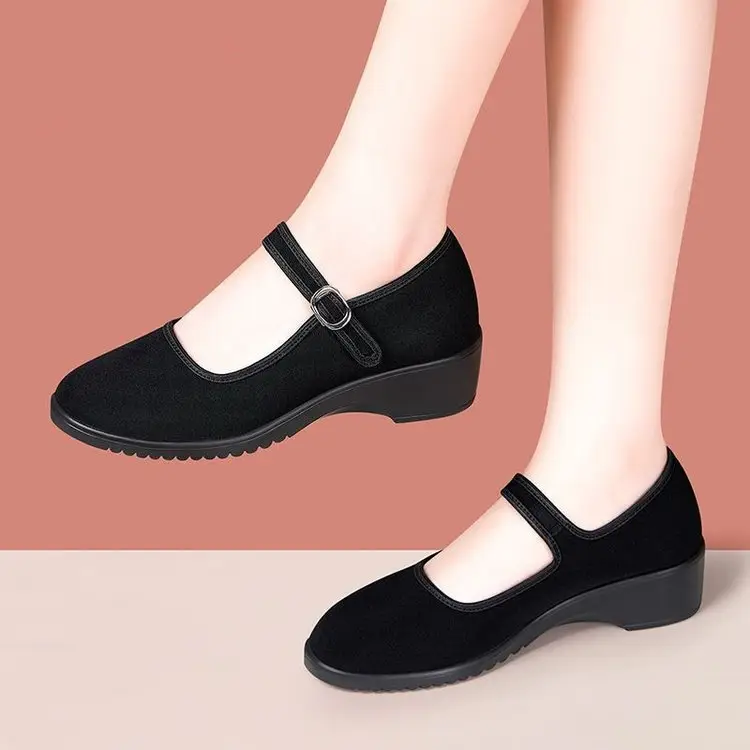 Women's Black Wedge Sandals with Buckle Strap - Image 5