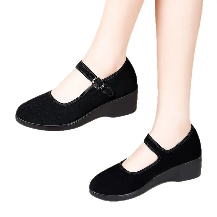 Women's Black Wedge Sandals with Buckle Strap - Image 6