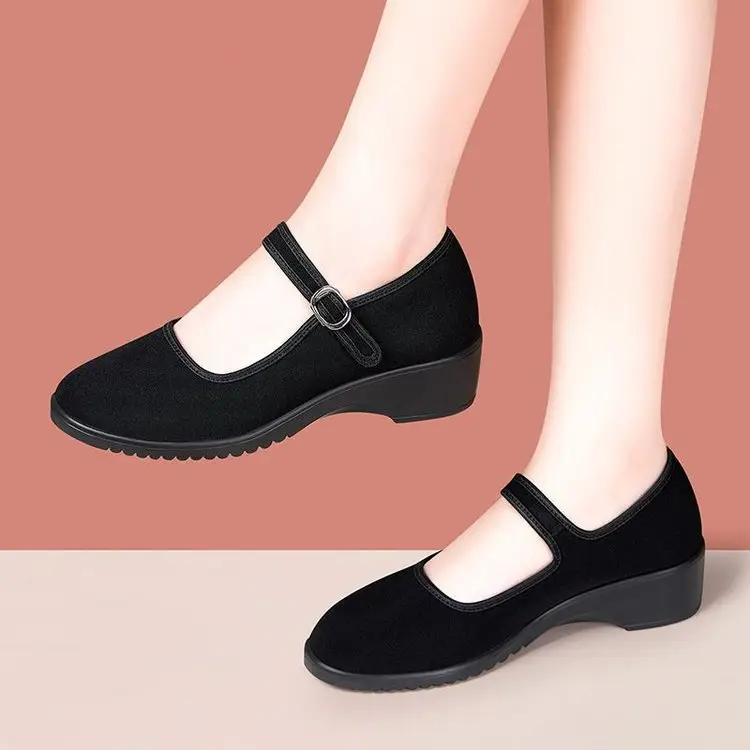 Women's Black Wedge Sandals with Buckle Strap — feature 10