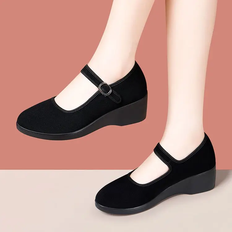 Women's Black Wedge Sandals with Buckle Strap — feature 11