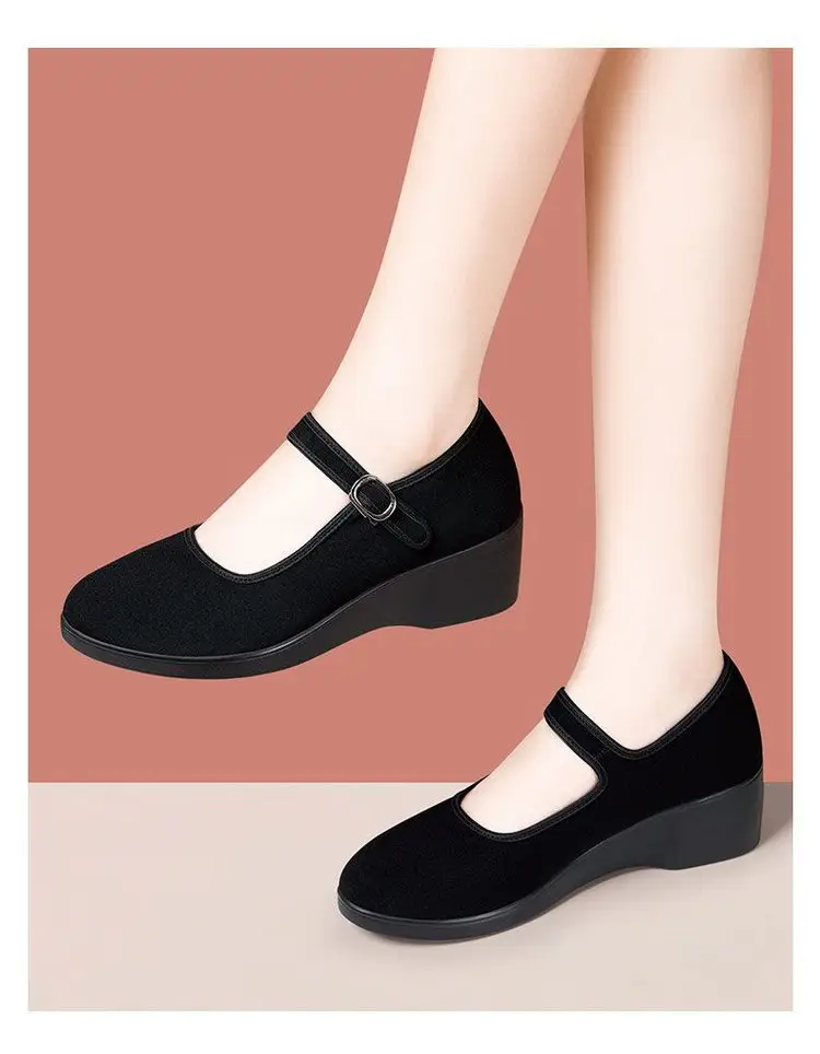 Women's Black Wedge Sandals with Buckle Strap — feature 4