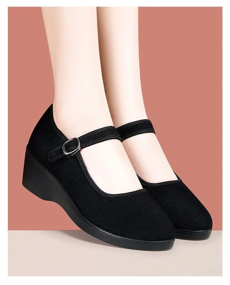 Women's Black Wedge Sandals with Buckle Strap — feature 5