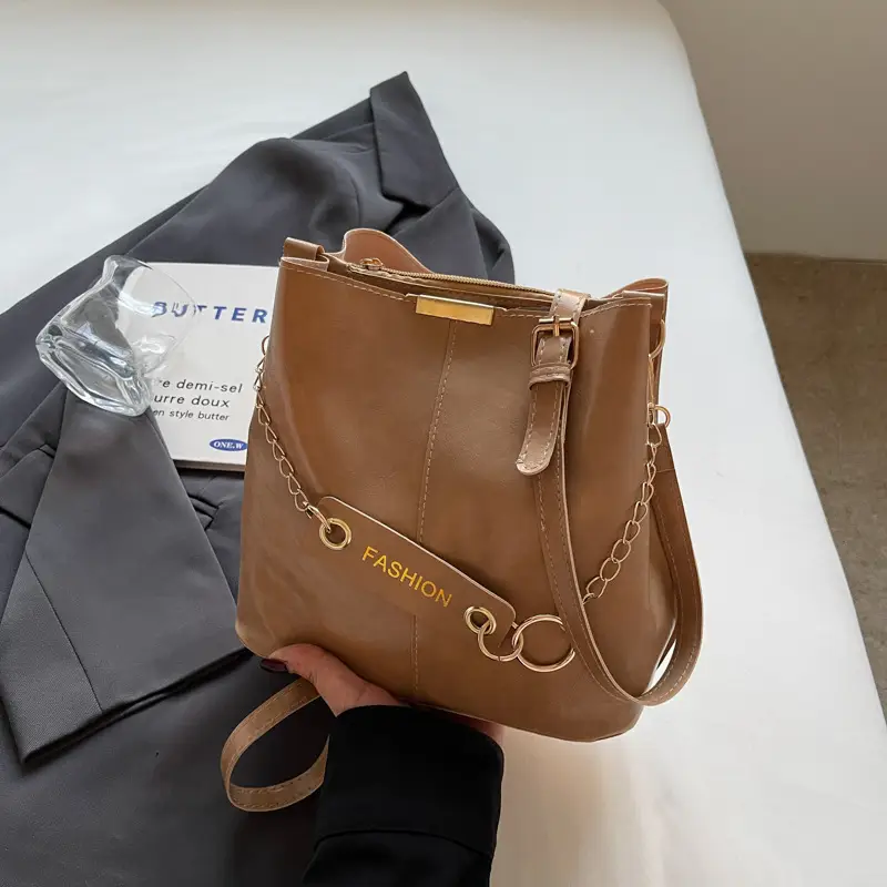 Women's Vintage Leather Bucket Bag Tan 2025 - Image 3