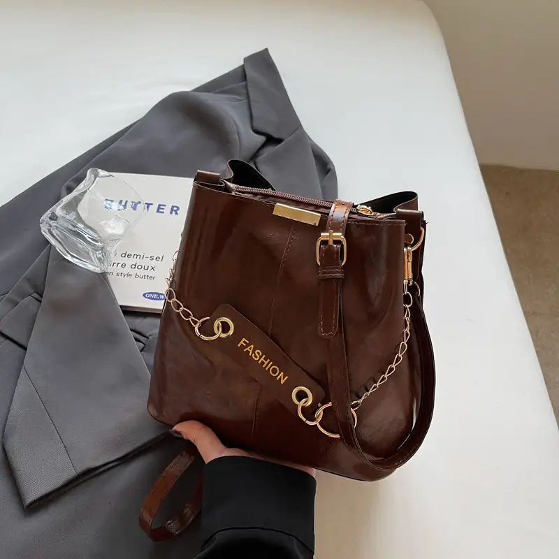 Women's Vintage Leather Bucket Bag Tan 2025 - Image 4
