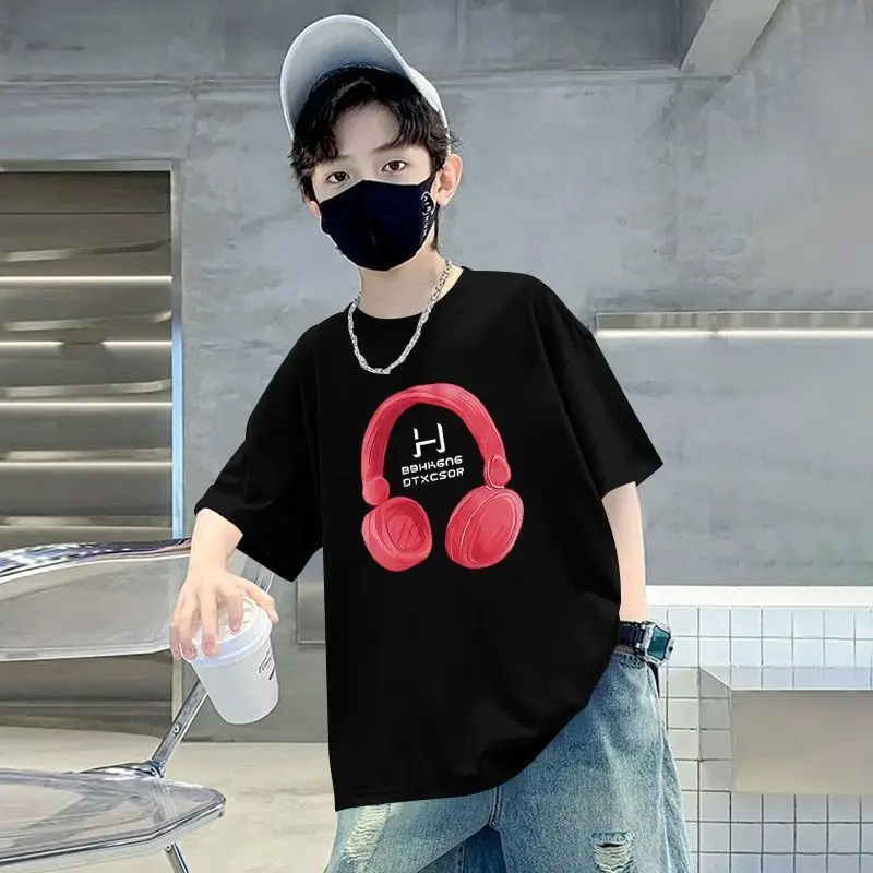 Kids Cotton T-Shirt Red Headphones Print Summer Casual