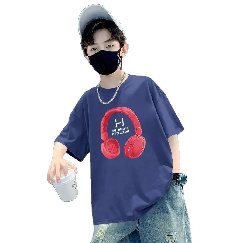 Kids Cotton T-Shirt Red Headphones Print Summer Casual