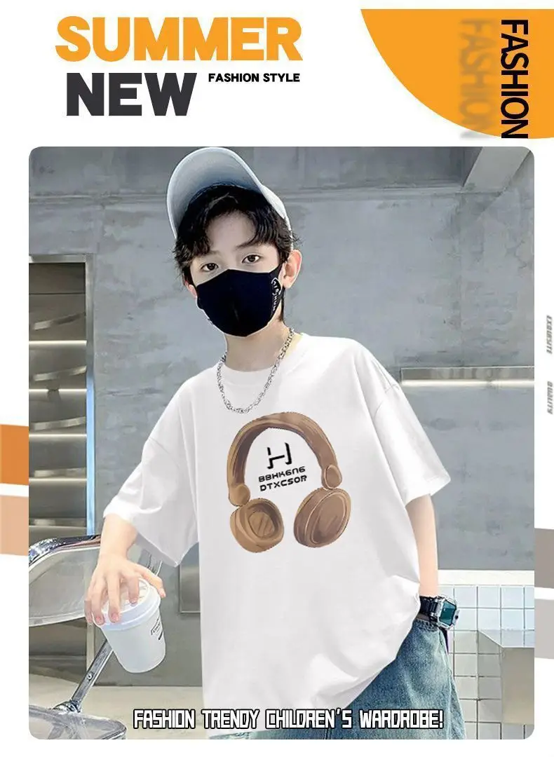 Kids Cotton T-Shirt Red Headphones Print Summer Casual — feature 1