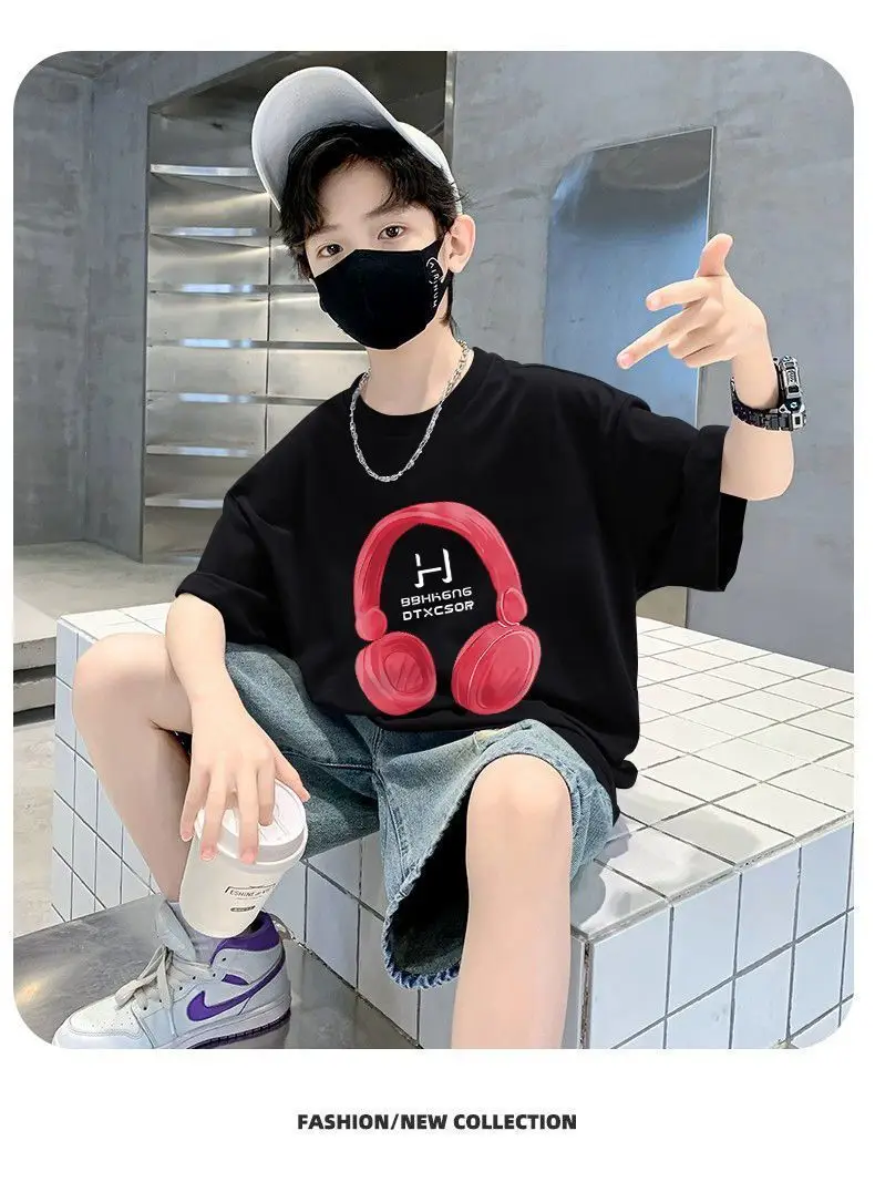 Kids Cotton T-Shirt Red Headphones Print Summer Casual — feature 10
