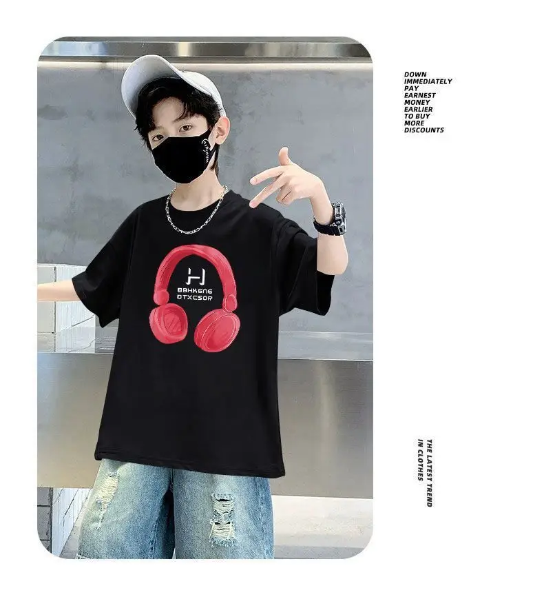 Kids Cotton T-Shirt Red Headphones Print Summer Casual — feature 11