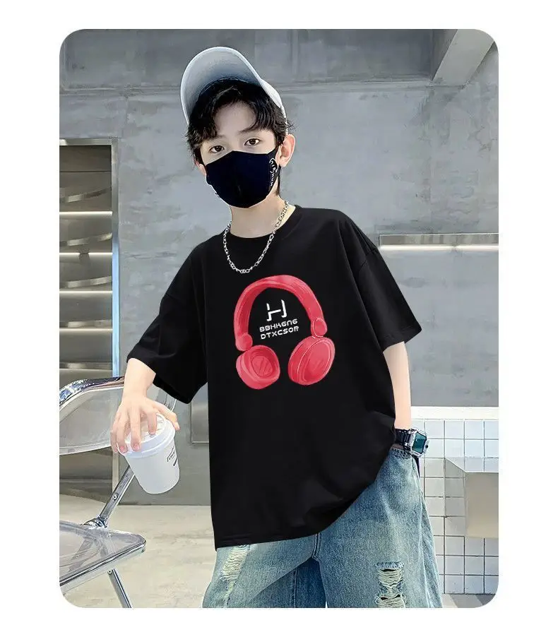 Kids Cotton T-Shirt Red Headphones Print Summer Casual — feature 12
