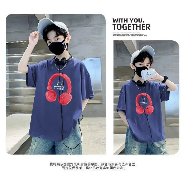 Kids Cotton T-Shirt Red Headphones Print Summer Casual — feature 14