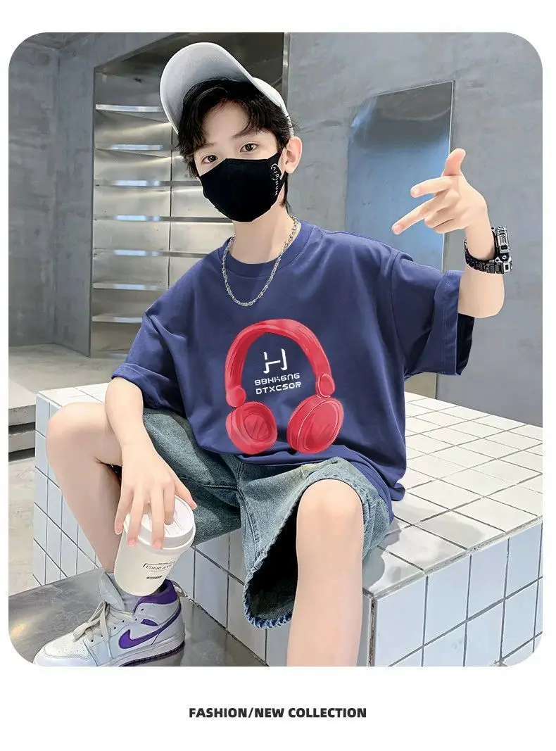 Kids Cotton T-Shirt Red Headphones Print Summer Casual — feature 15