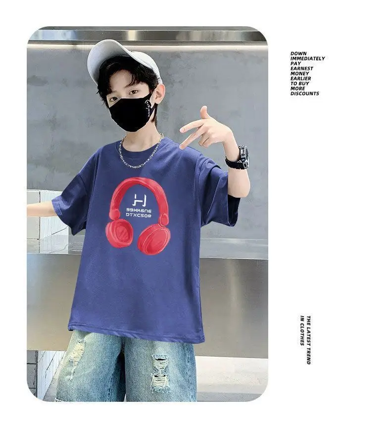Kids Cotton T-Shirt Red Headphones Print Summer Casual — feature 16