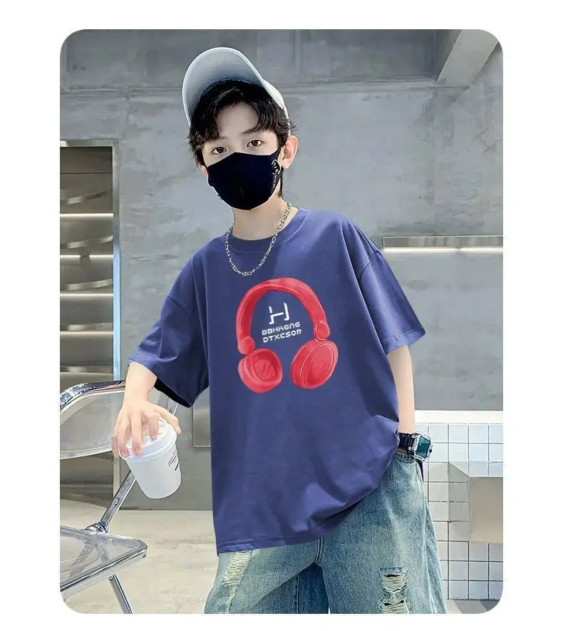 Kids Cotton T-Shirt Red Headphones Print Summer Casual — feature 17