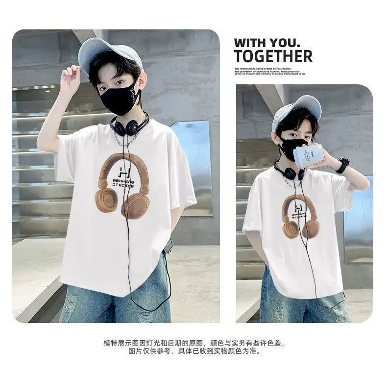 Kids Cotton T-Shirt Red Headphones Print Summer Casual — feature 4