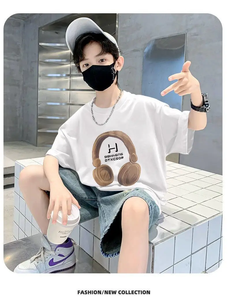 Kids Cotton T-Shirt Red Headphones Print Summer Casual — feature 5