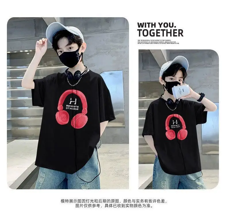 Kids Cotton T-Shirt Red Headphones Print Summer Casual — feature 9