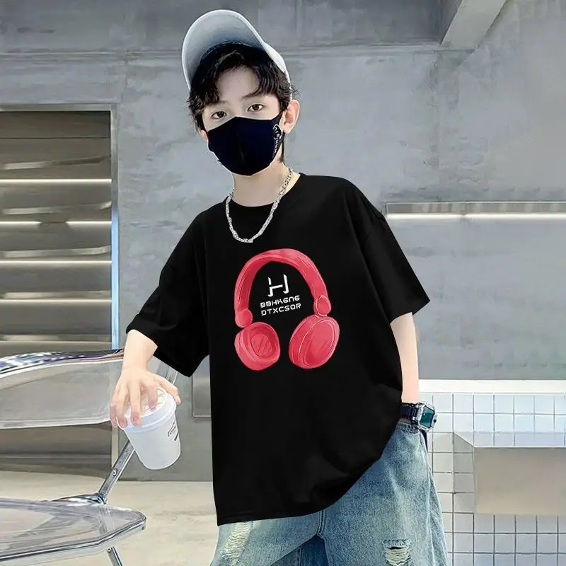 Kids Cotton T-Shirt Red Headphones Print Summer Casual