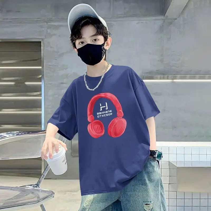 Kids Cotton T-Shirt Red Headphones Print Summer Casual