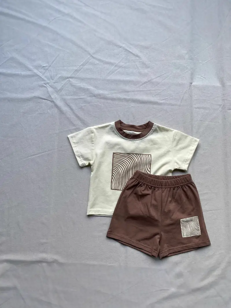 Korean Style Printed Shorts Set for Boys Girls Brown Cream - Image 4