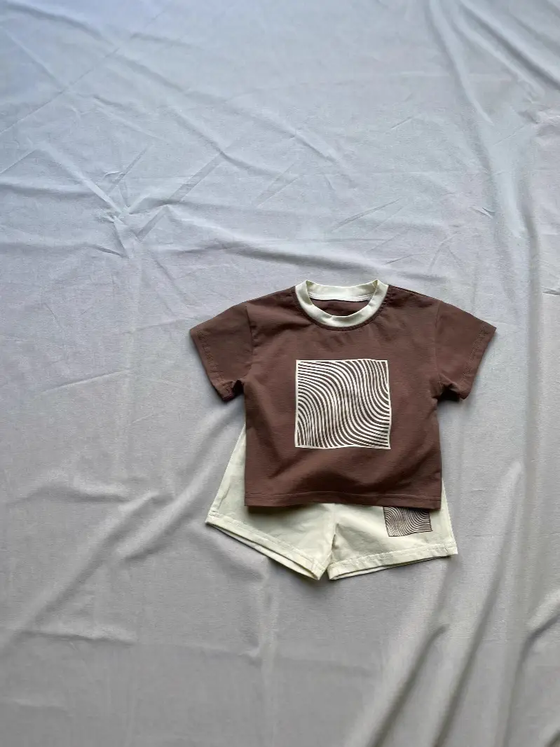 Korean Style Printed Shorts Set for Boys Girls Brown Cream - Image 5