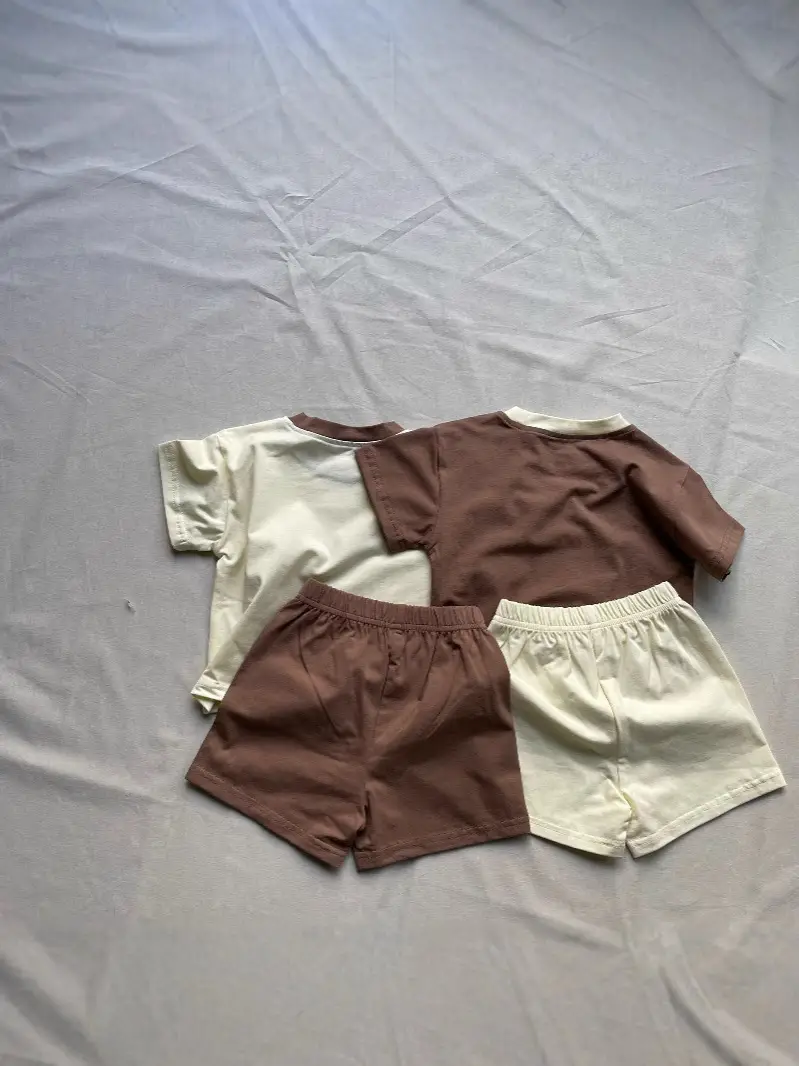 Korean Style Printed Shorts Set for Boys Girls Brown Cream - Image 6