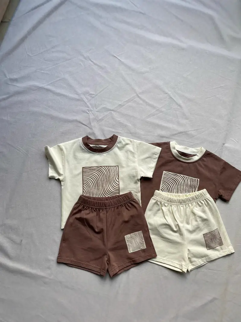 Korean Style Printed Shorts Set for Boys Girls Brown Cream - Image 7