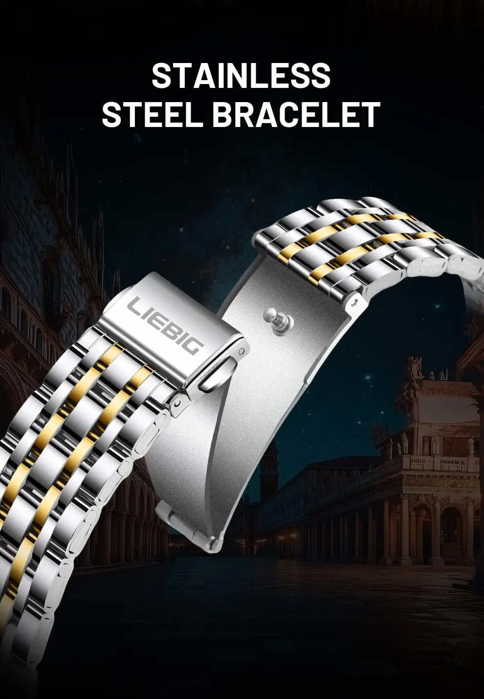 Men's Stainless Steel Watch with Gold Dial and Bracelet — feature 10