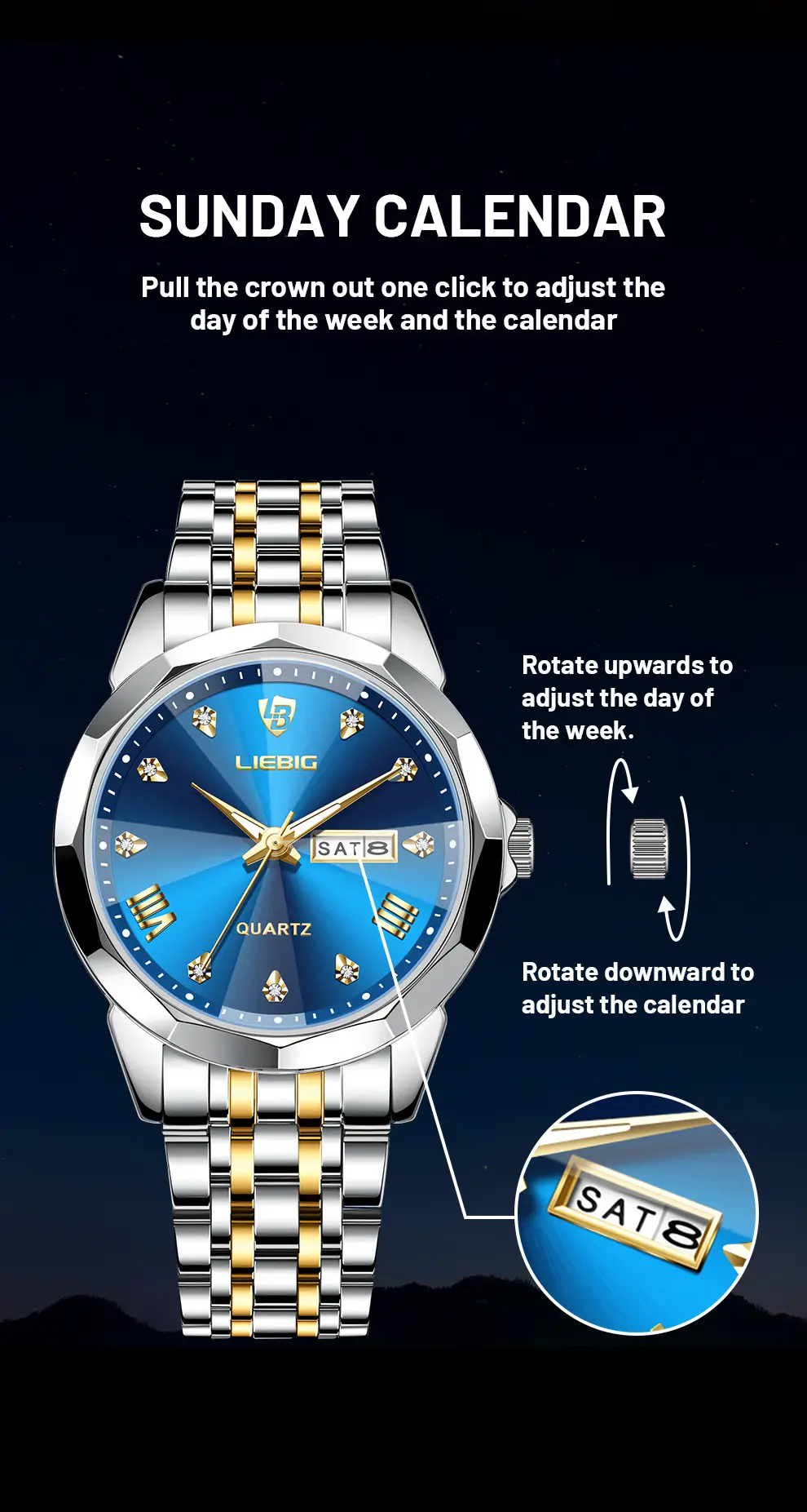 Men's Stainless Steel Watch with Gold Dial and Bracelet — feature 12