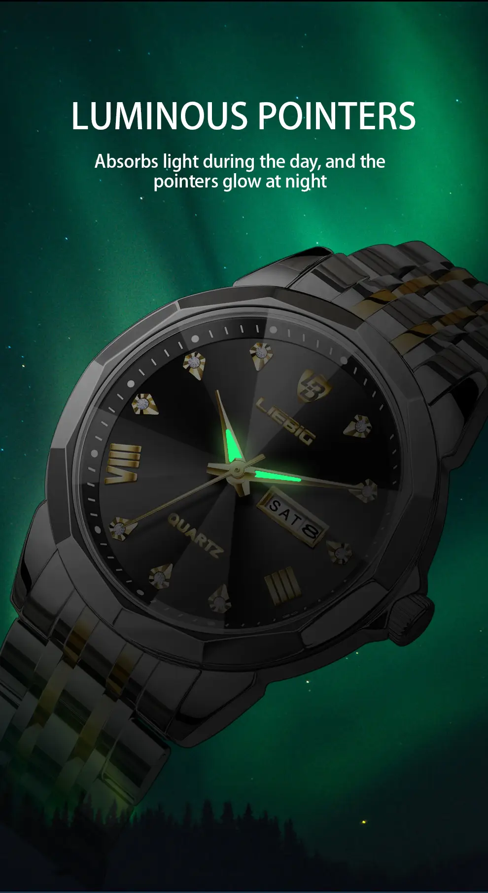 Men's Stainless Steel Watch with Gold Dial and Bracelet — feature 13
