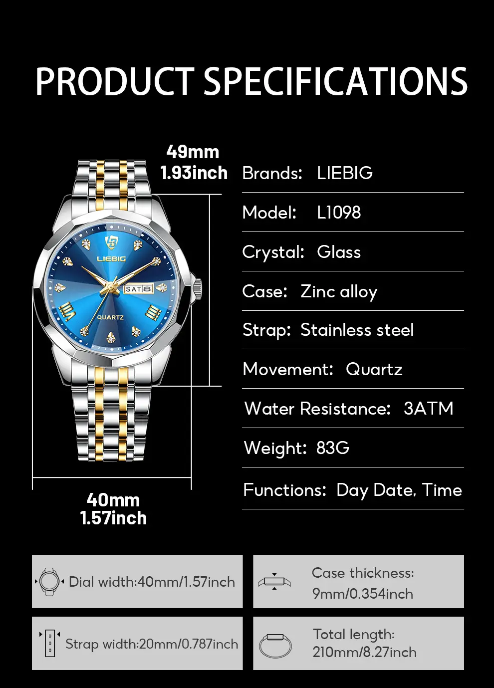 Men's Stainless Steel Watch with Gold Dial and Bracelet — feature 15