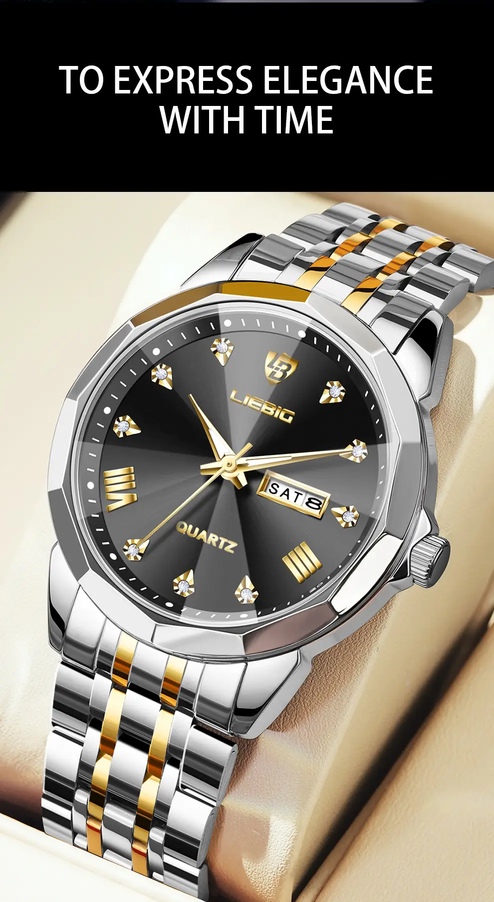 Men's Stainless Steel Watch with Gold Dial and Bracelet — feature 7
