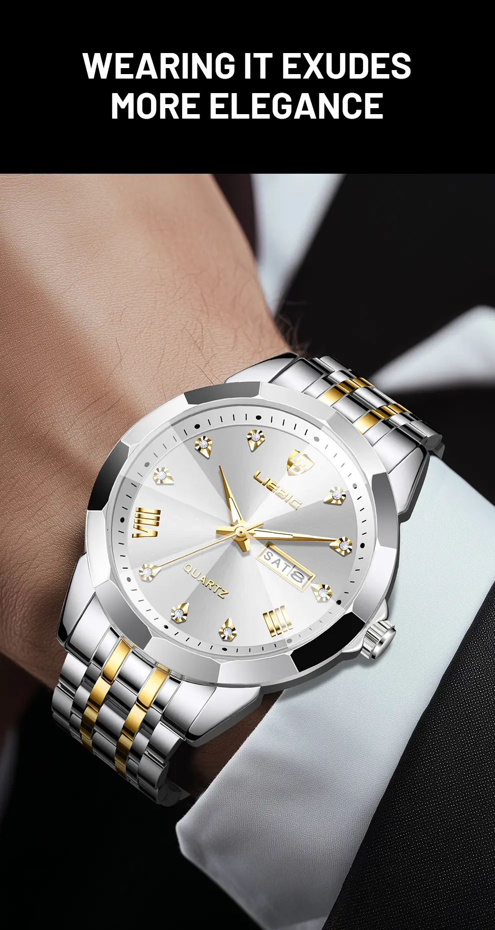 Men's Stainless Steel Watch with Gold Dial and Bracelet — feature 8