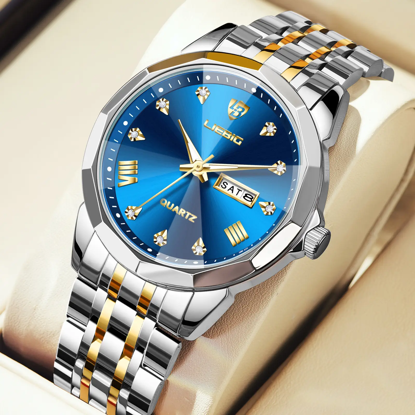 Men's Stainless Steel Watch with Gold Dial and Bracelet - Image 2