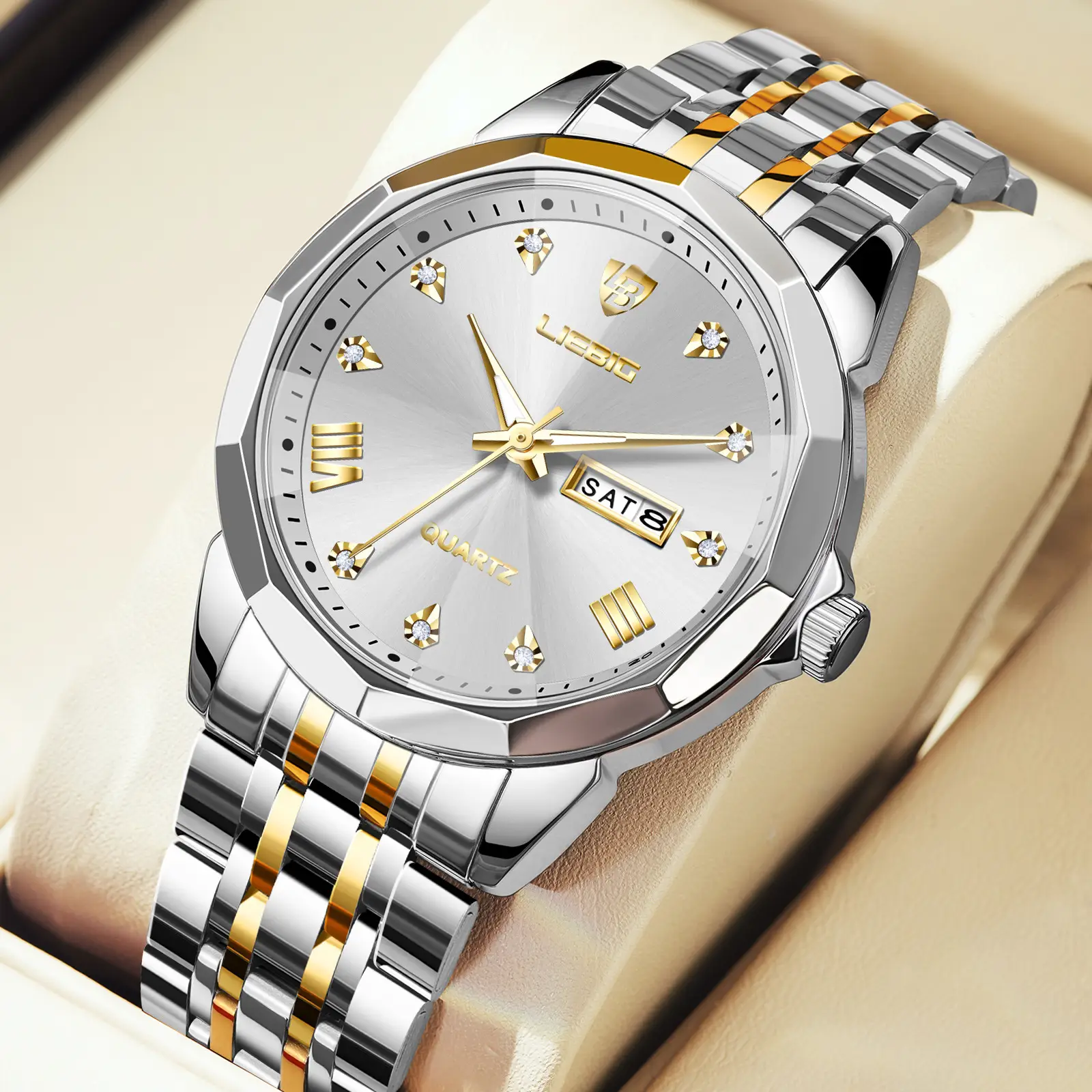 Men's Stainless Steel Watch with Gold Dial and Bracelet - Image 3
