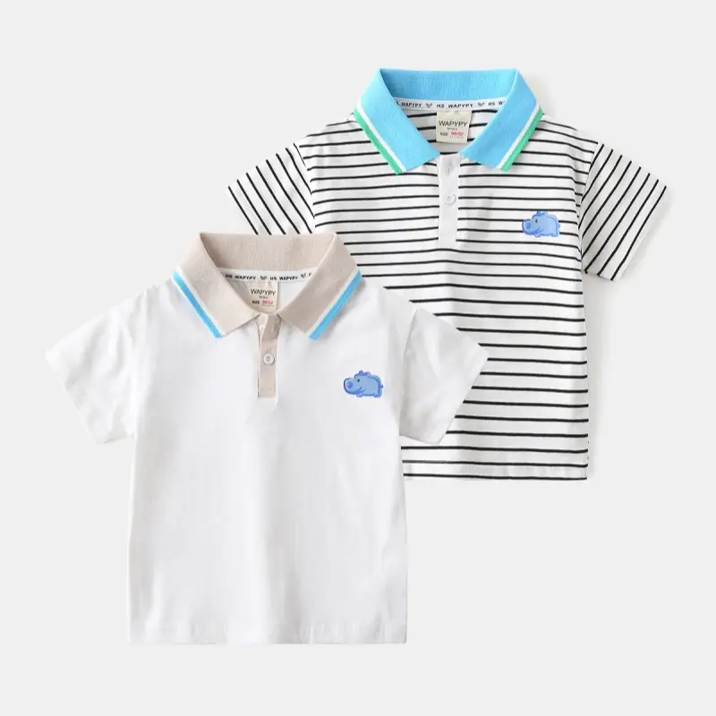 Boys White Cotton Polo Shirt with Blue Trim — feature 1