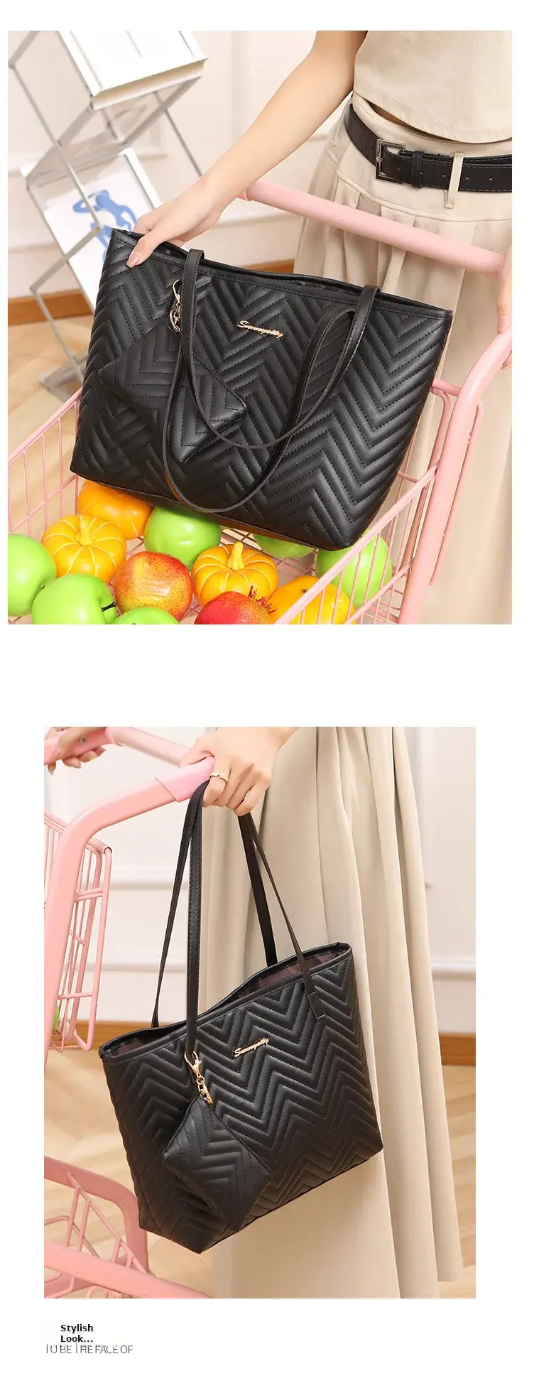 Women's Wavy Diamond Embroidery Shoulder Bag Brown — feature 7