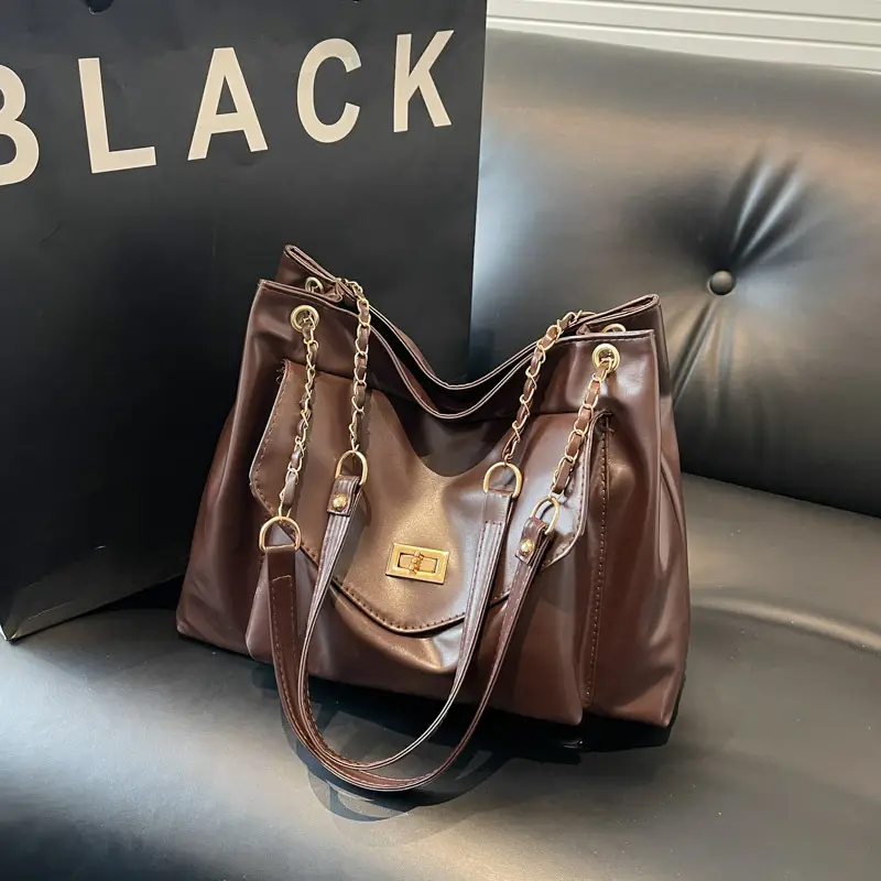 Women's Brown Chain Shoulder Bag with Leather Strap - Image 6