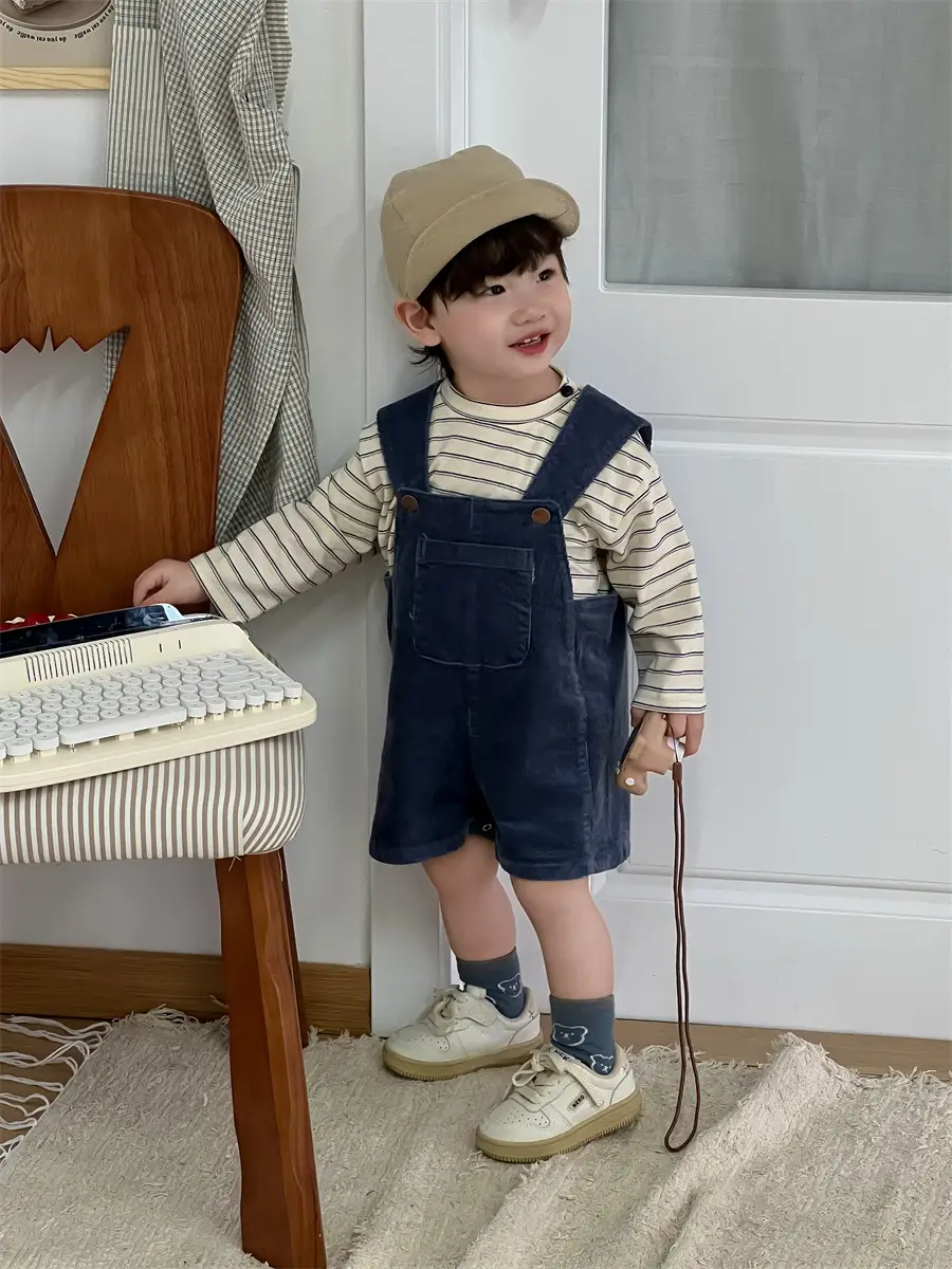 Kids Spring Outfit Striped T-Shirt Corduroy Overalls Set